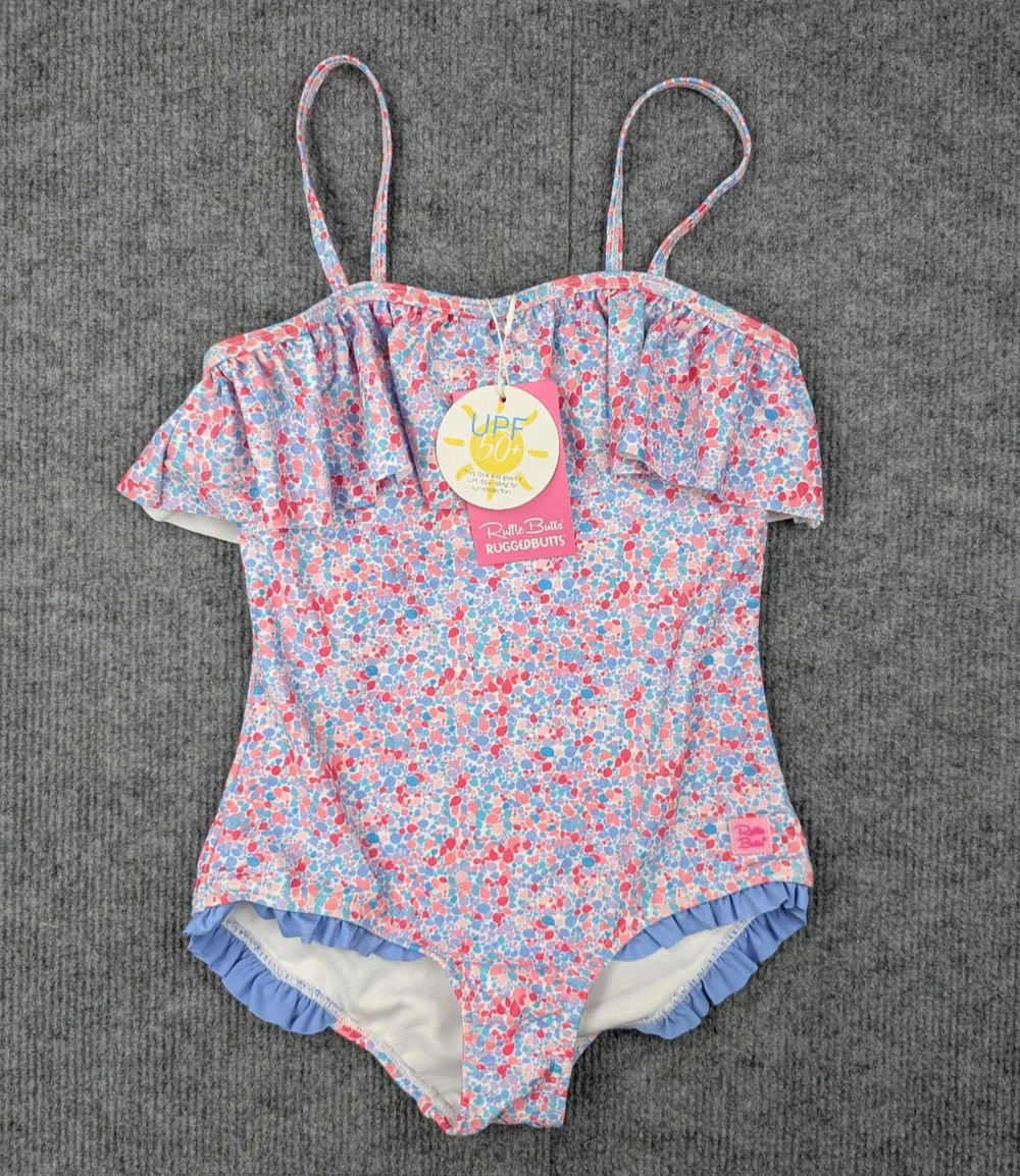 RuffleButts Swimsuit Girls 8 One Piece UPF 50+ Floral Rugged Glitter Shimmer